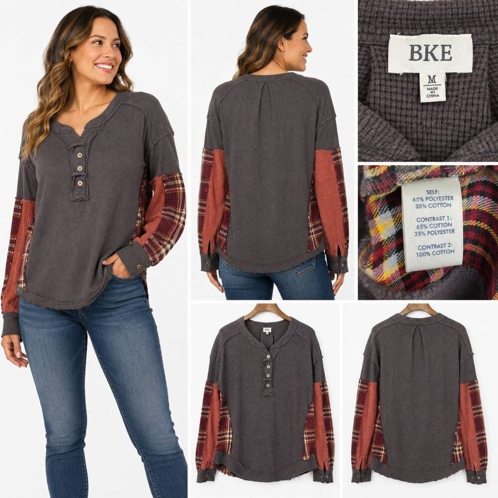 BKE Waffle Knit Plaid Patchwork Henley Top Medium